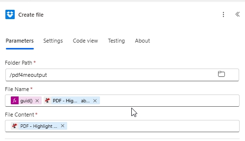 Haz clic para ampliar Acción de Dropbox Crear archivo con Ruta de carpeta /pdf4meoutput, Nombre de archivo construido a partir de guid() concatenado con la salida del nombre de archivo de PDF Highlight Text y Contenido del archivo asignado desde PDF Highlight Text